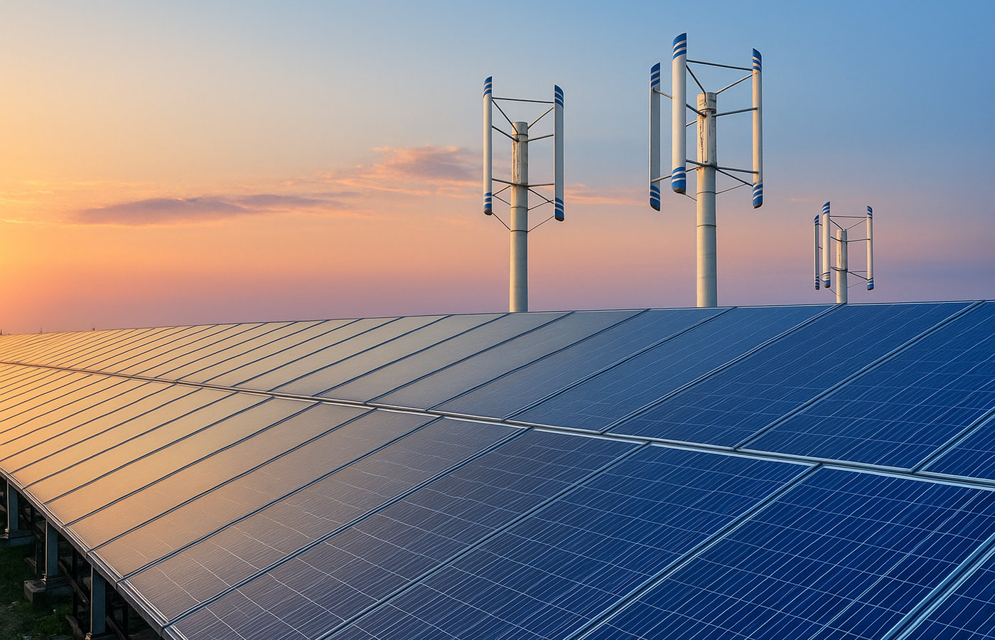Éoliennes verticales et panneaux solaires du site